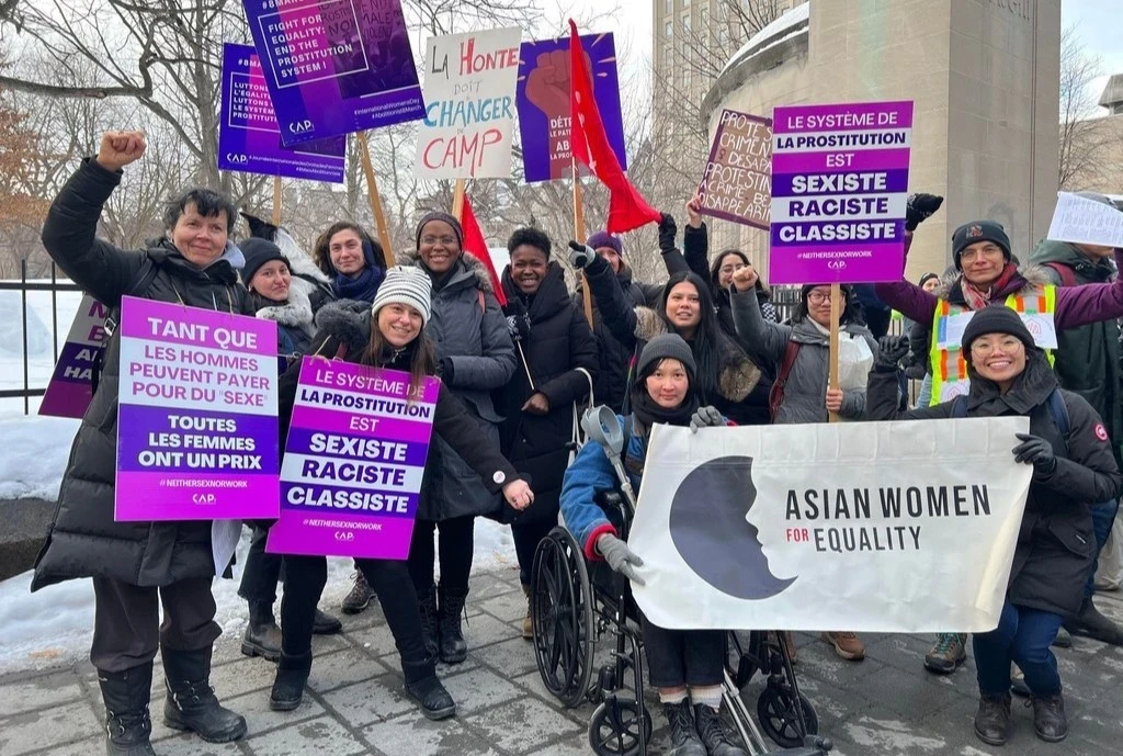 Demonstration abolition prostitution Montreal Canada 8 march 2023